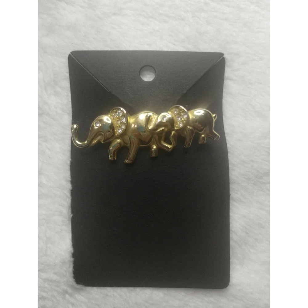 AJMC Gold Tone Rhinestone Elephant Family‎ Brooch Pin Good Luck Trunk Up Bin 2